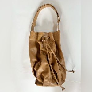 Leather Draw String Handbag  pleated at bottom Cognac tan